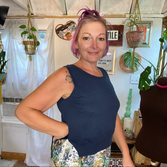 Anthropologie MOTH Navy Blue Sleeveless sweater attached MultiColor Lace Small - Picture 7 of 17